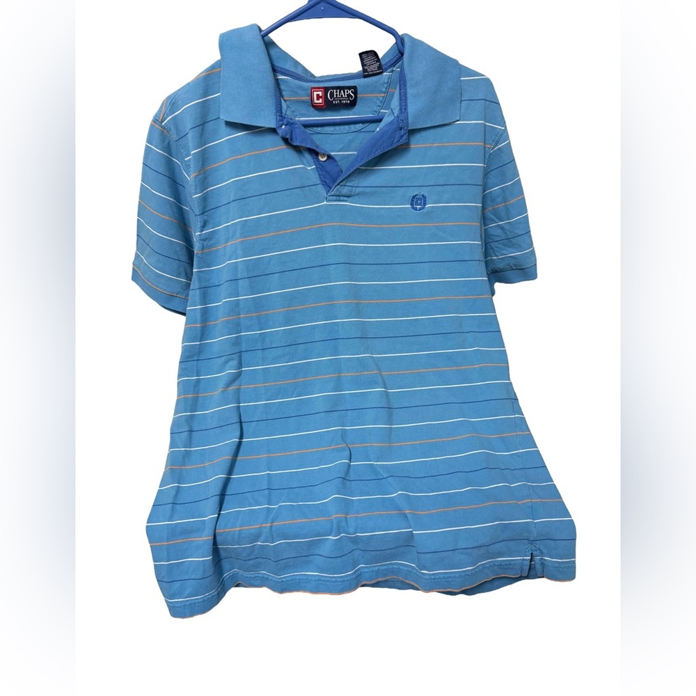Chaps Men’s Large Polo Shirt with Blue, Orange, and White Stripes preppy
